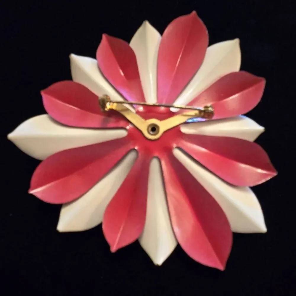 Vintage Enamel Flower Brooch Pin Red White Blue